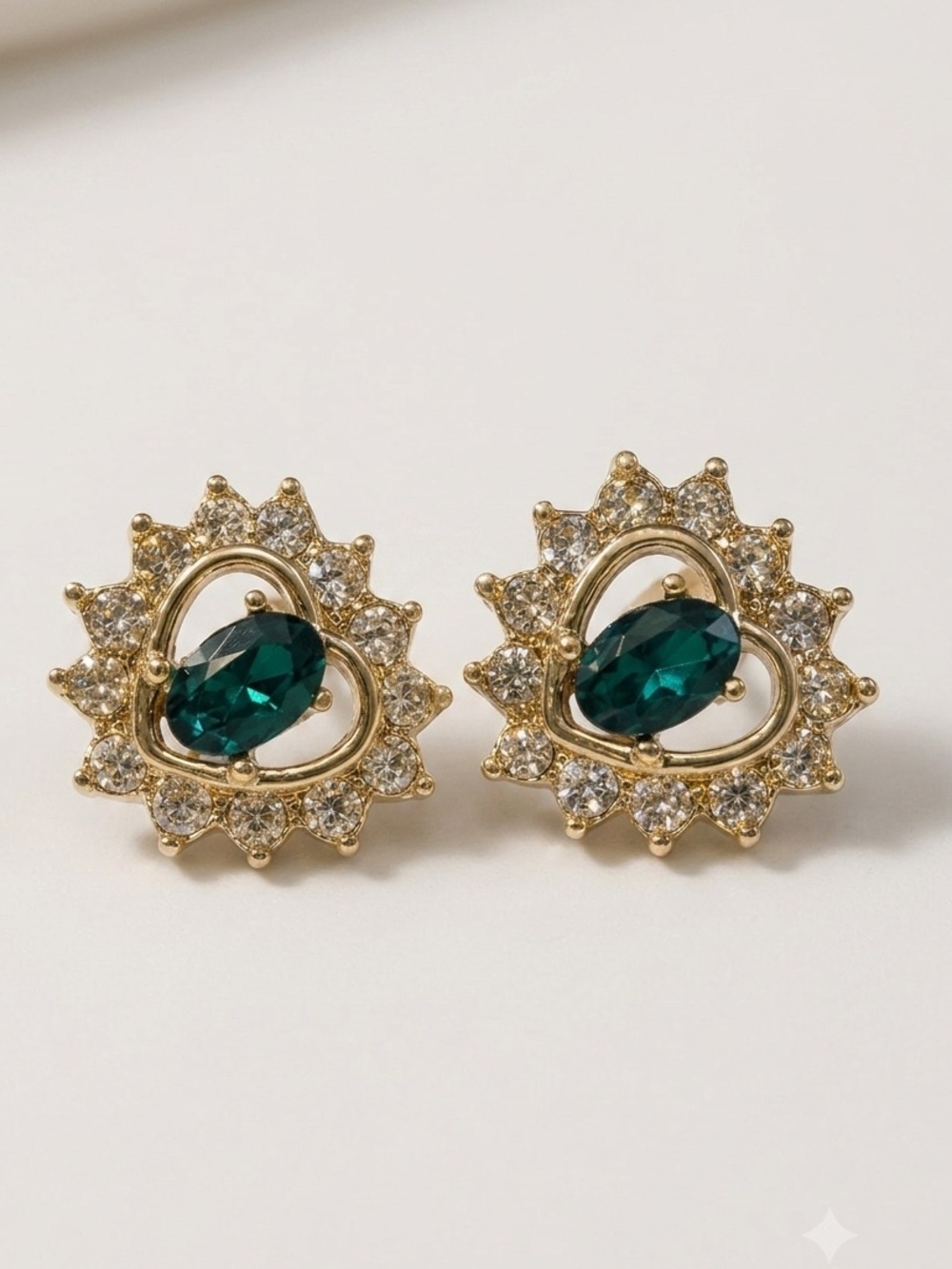 Gold-Tone Emerald Crystal Heart Stud Earrings